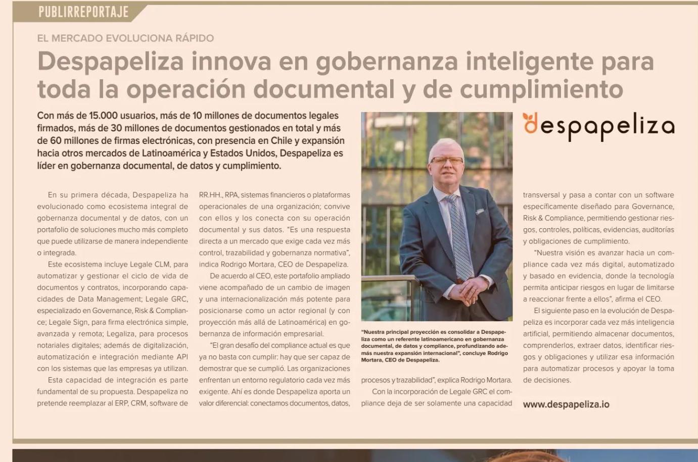 Diario Financiero feature on Despapeliza with a photograph of Rodrigo Mortara